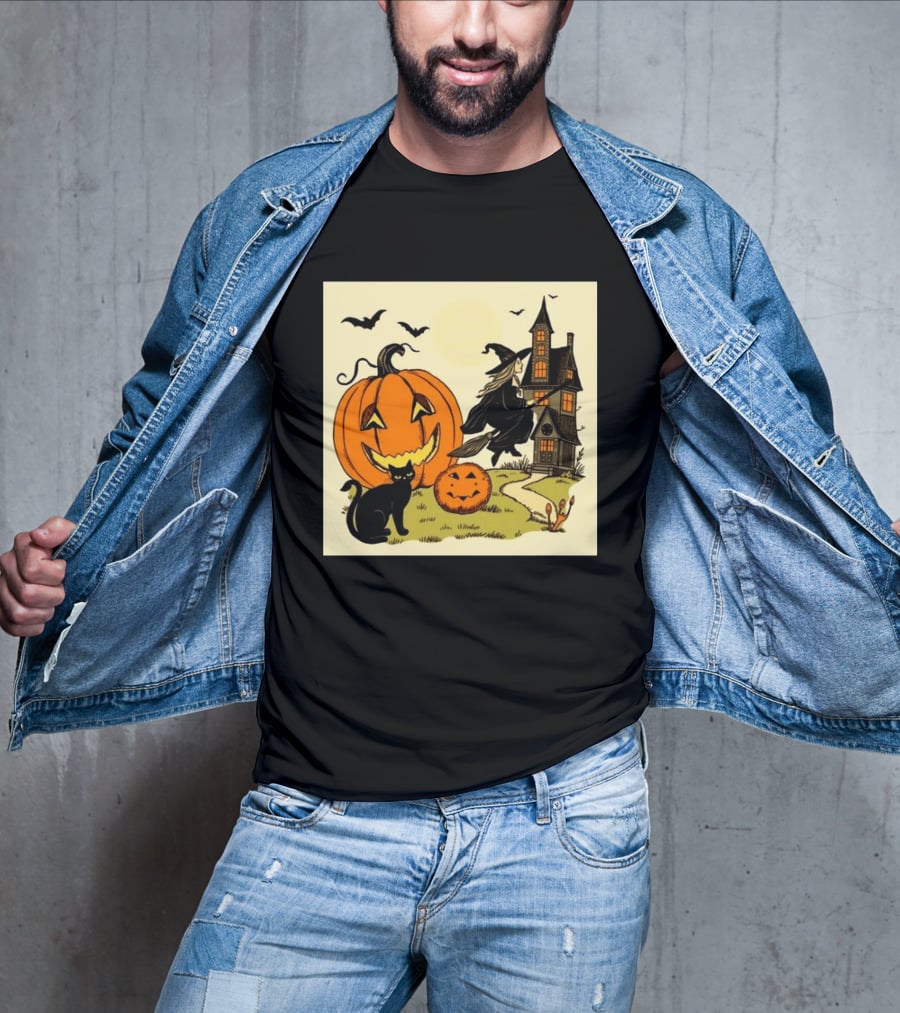 Spooktacular Halloween Black Cat Witch Pumpkin Haunted House T-Shirt