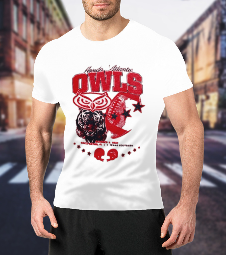Florida Atlantic Owls Boca Raton Texas Southern 2026 Football Tiger Art Stars Red T-Shirt