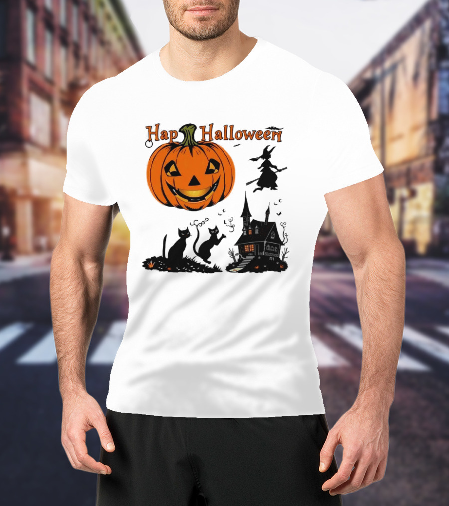 Happy Halloween Pumpkin Black Cats Witch Haunted House T-Shirt