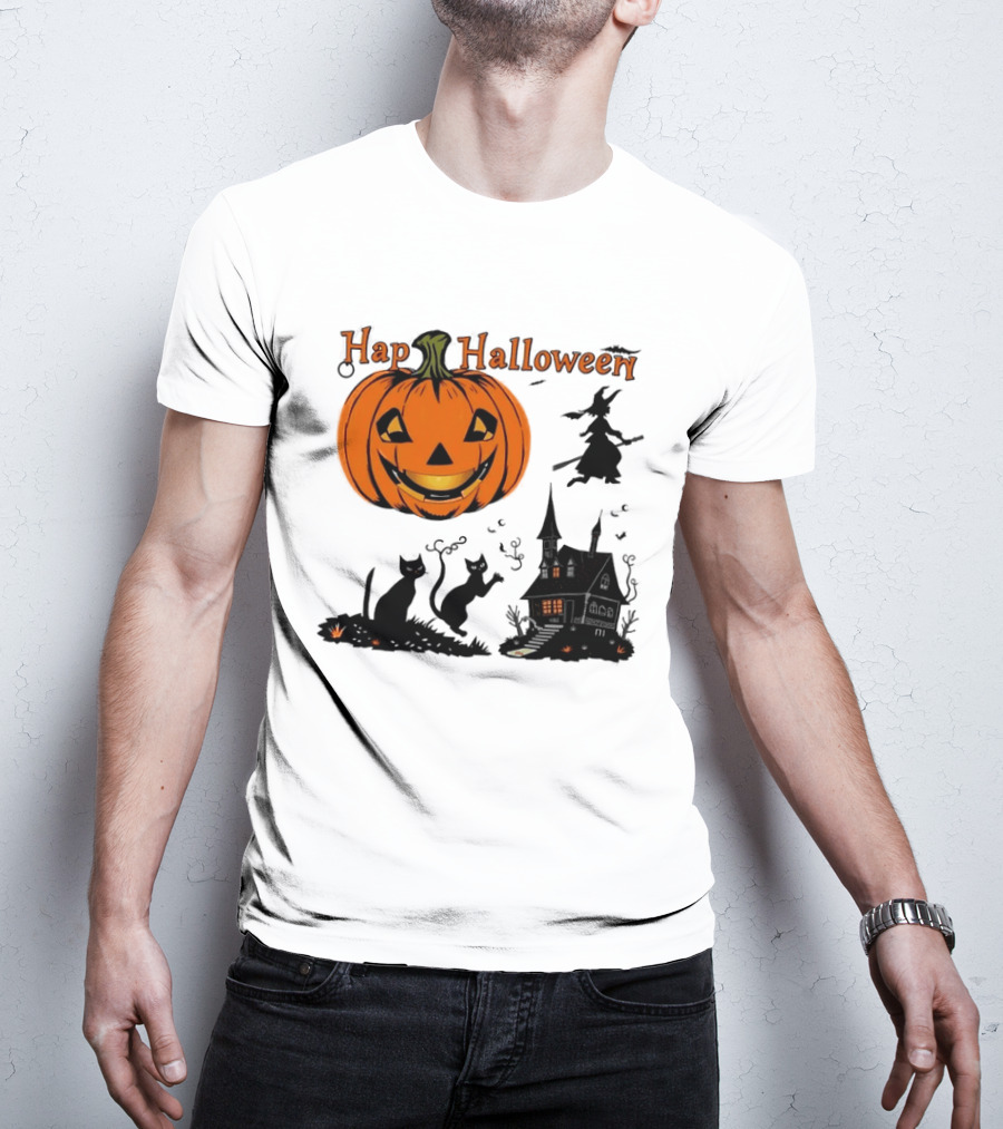 Happy Halloween Pumpkin Black Cats Witch Haunted House T-Shirt