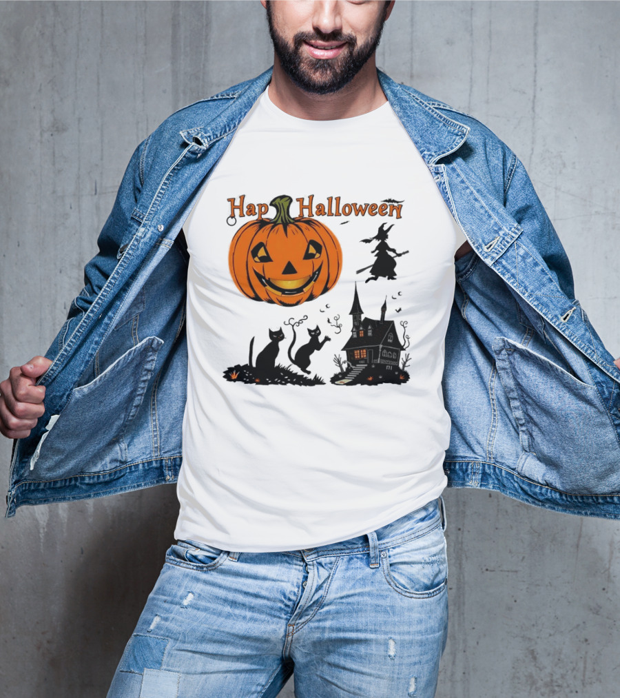 Happy Halloween Pumpkin Black Cats Witch Haunted House T-Shirt