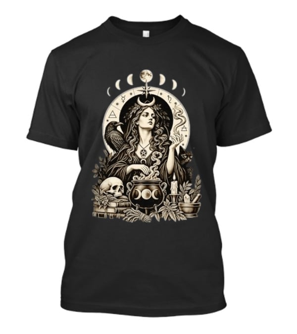 Witch Casting Spell With Raven Cat Pentacle Cauldron Moon Phases T-Shirt