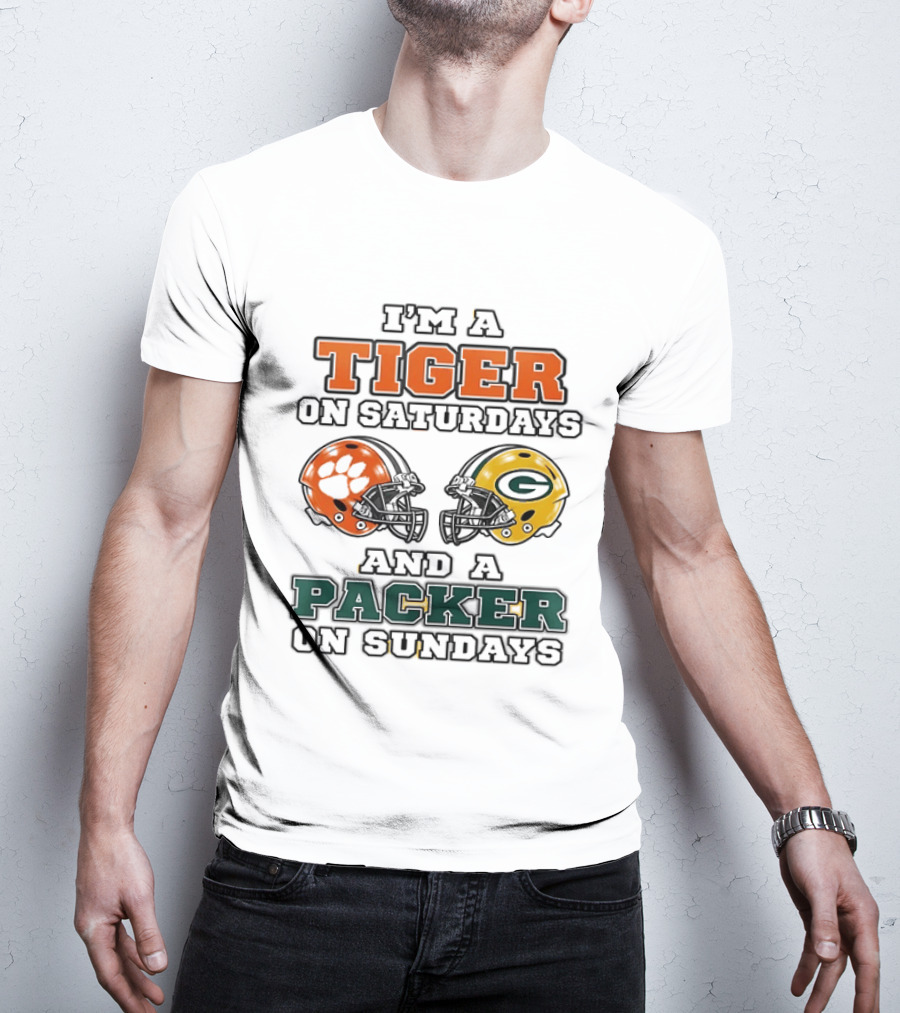 Tiger On Saturdays Clemson Tigers Packer On Sundays Green Bay Packers Helmets T-Shirt