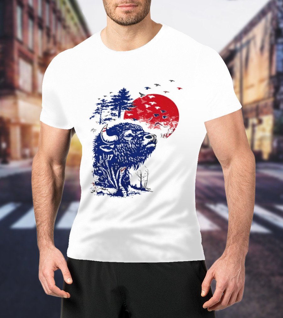 Buffalo Bills 17 Bison Sunset With Trees And Red Sun T-Shirt