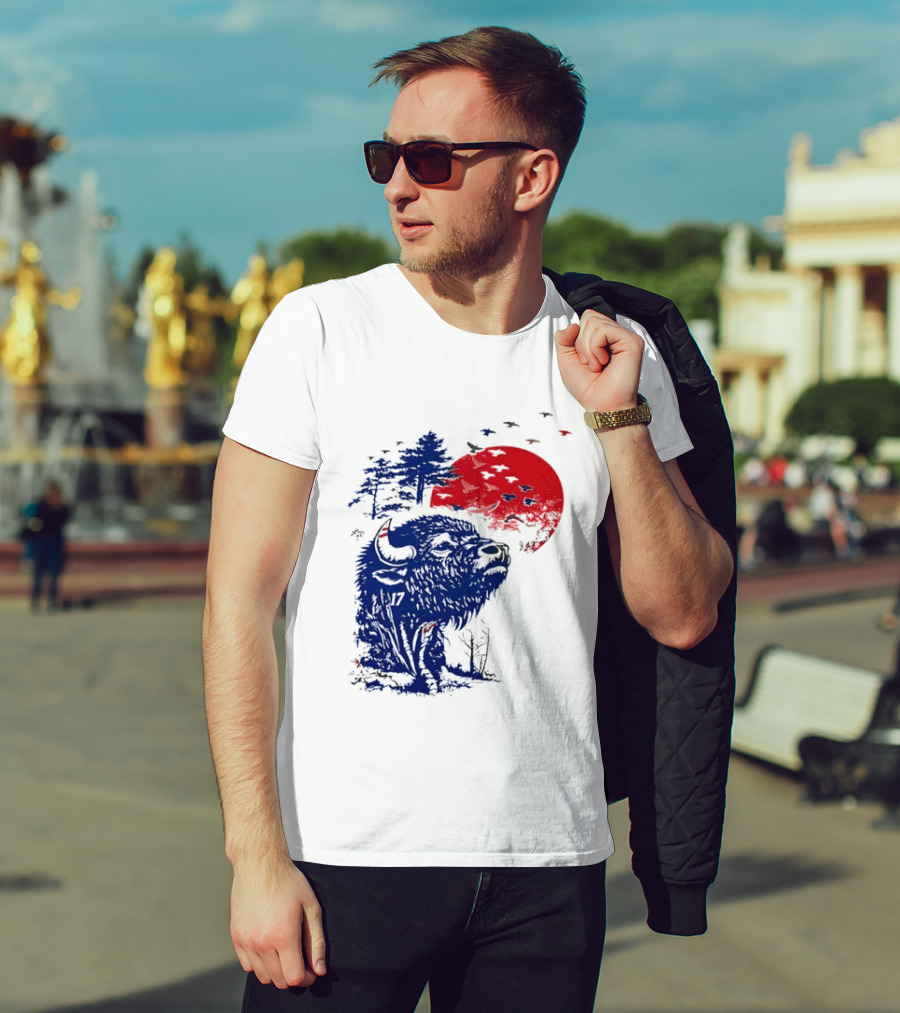 Buffalo Bills 17 Bison Sunset With Trees And Red Sun T-Shirt
