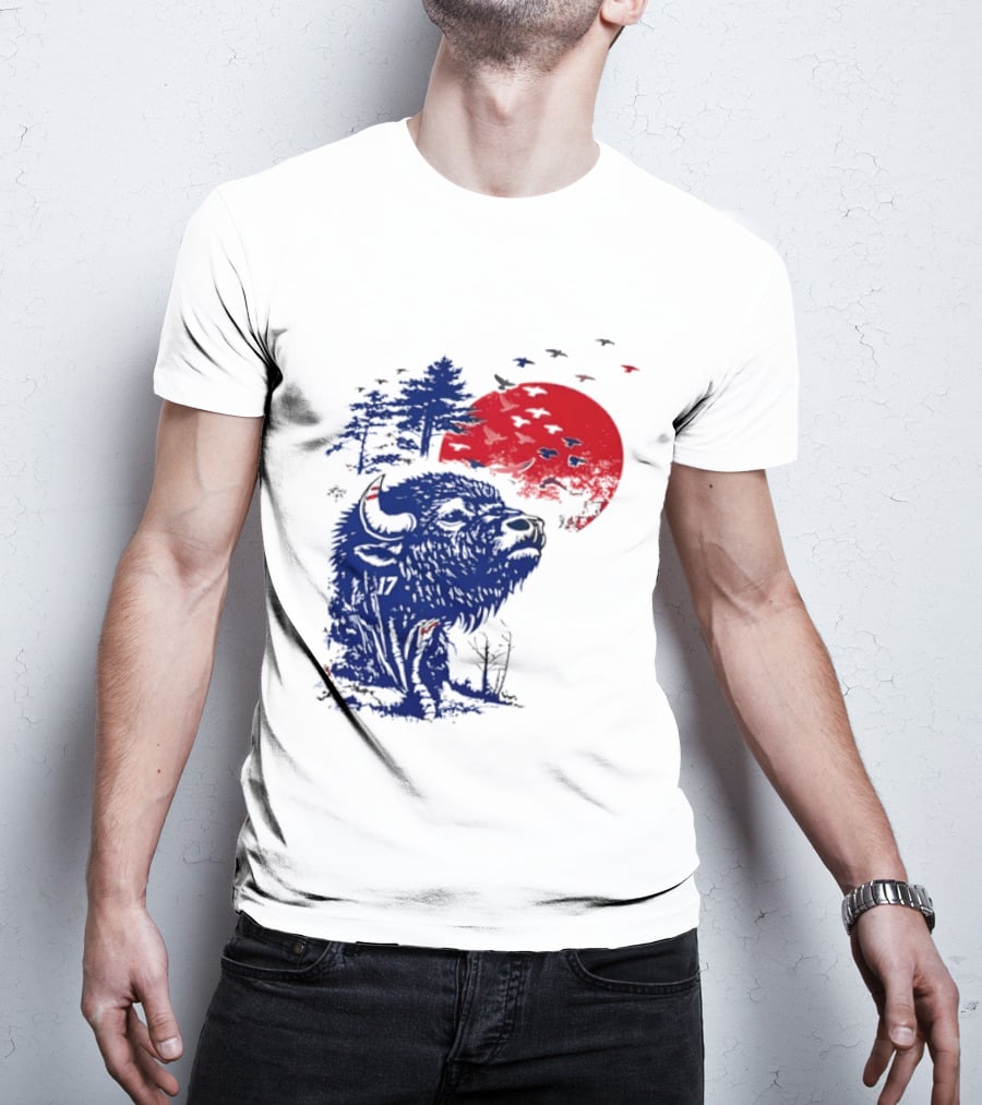 Buffalo Bills 17 Bison Sunset With Trees And Red Sun T-Shirt