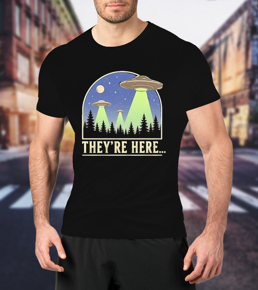 They're Here UFO Alien Abduction Night Forest Scene T-Shirt