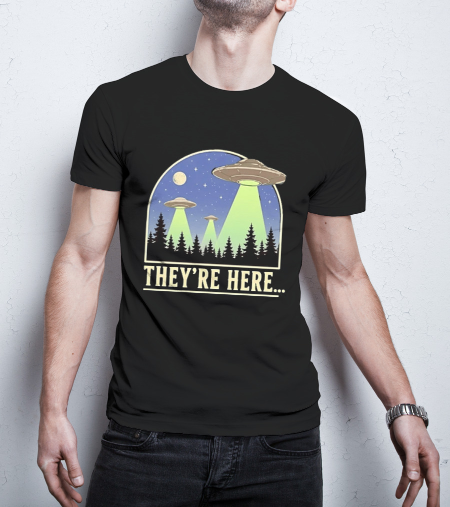 They're Here UFO Alien Abduction Night Forest Scene T-Shirt