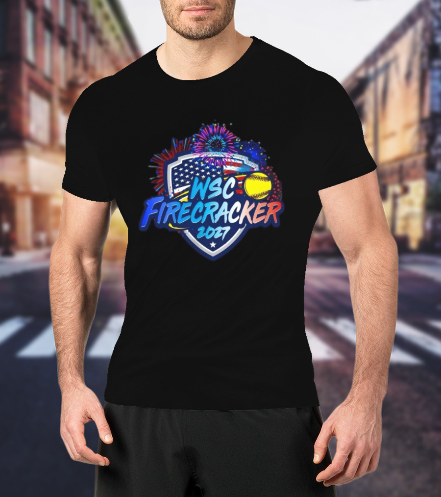 WSC Firecracker 2027 Softball Patriotic Shield Fireworks Yellow Ball Stars T-Shirt