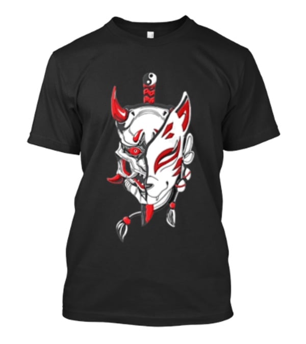 Oni Kitsune Mask Split Samurai Katana Fusion T-Shirt