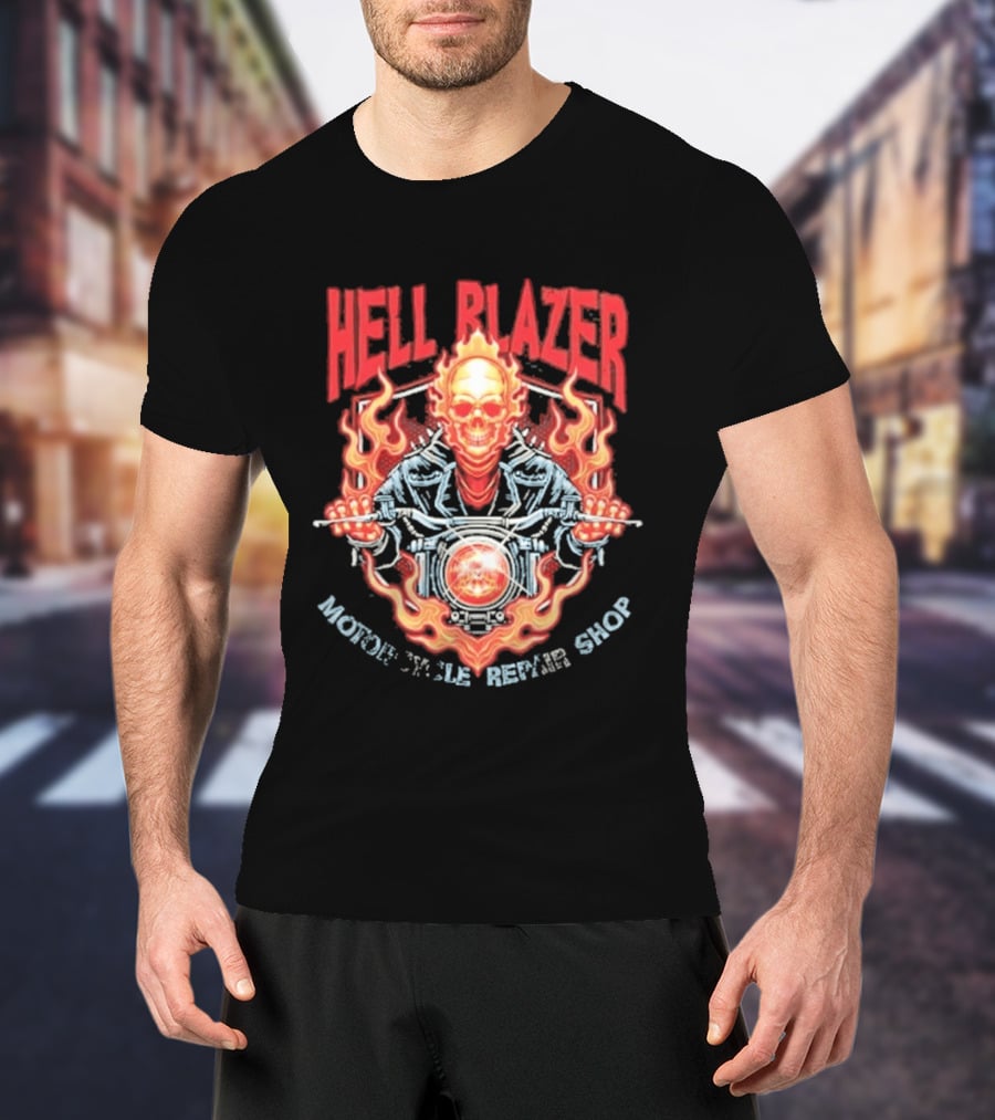 Hell Blazer Motorcycle Repair Shop Fiery Skull And Flames T-Shirt