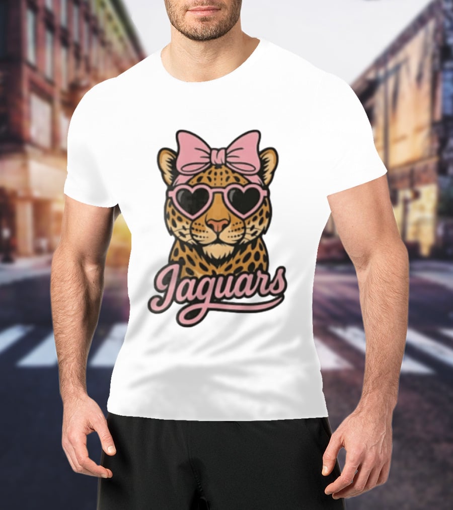 Jacksonville Jaguars Leopard Pink Bow Heart Sunglasses T-Shirt