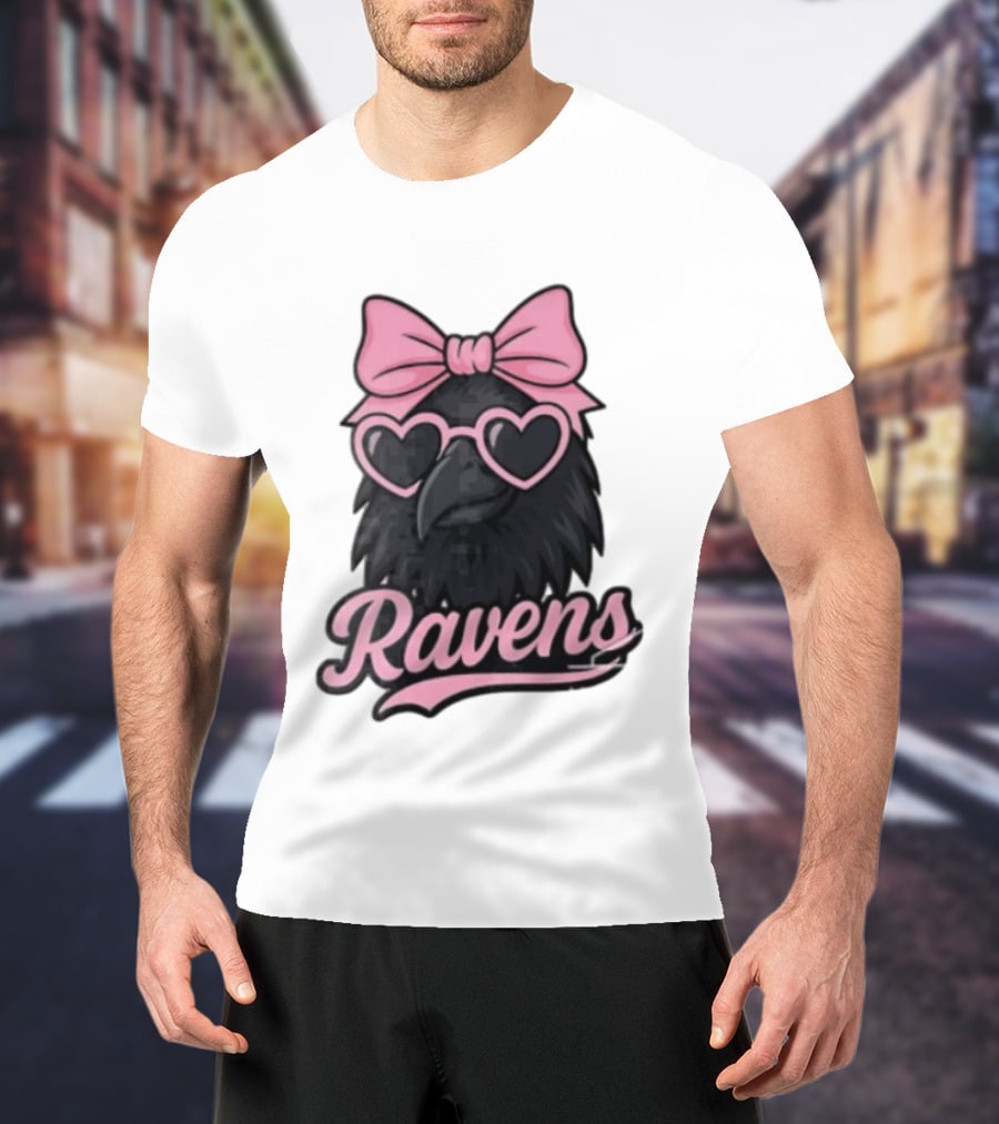 Ravens Raven Pink Bow Heart Sunglasses T-Shirt