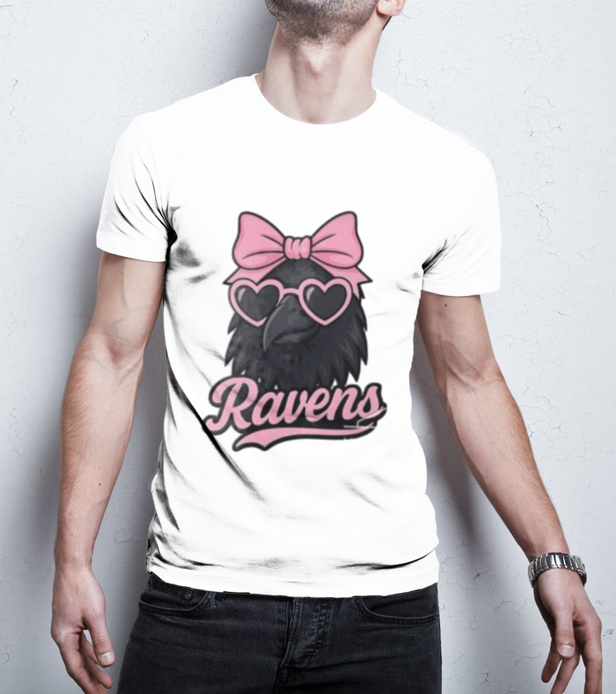 Ravens Raven Pink Bow Heart Sunglasses T-Shirt