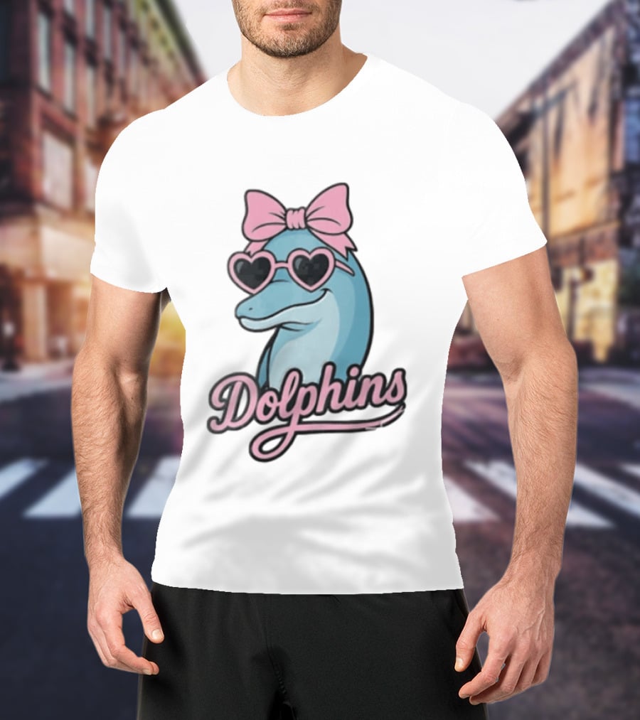 Dolphins Blue Dolphin Pink Bow Heart Sunglasses T-Shirt