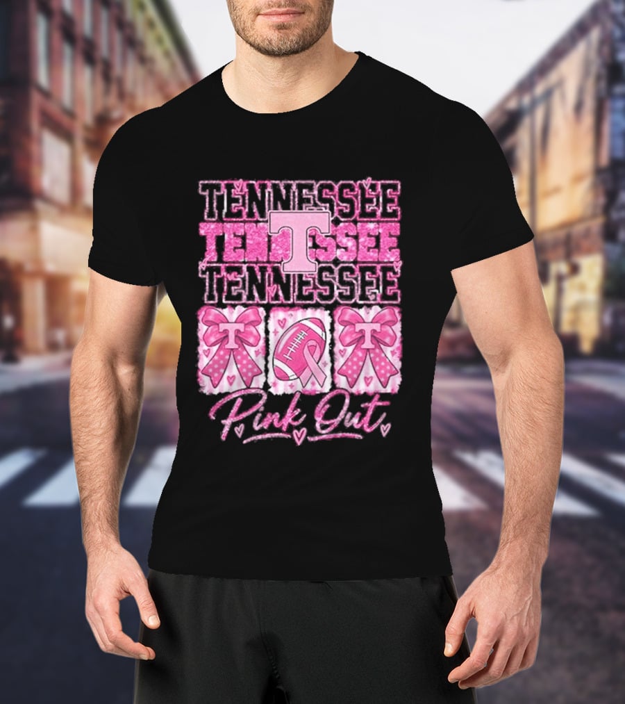 Tennessee Volunteers Pink Out Breast Cancer Awareness Game Day Football Bow Ribbons T-Shirt
