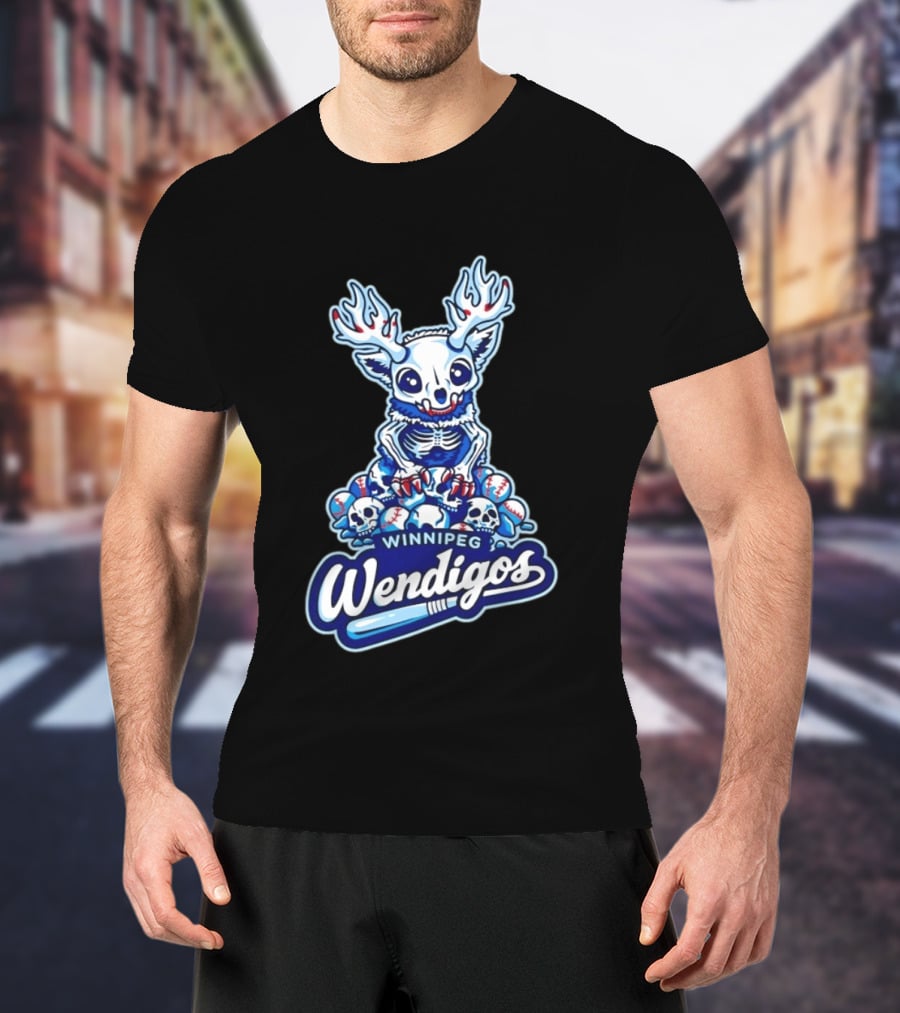 Winnipeg Wendigos Baseball Skull With Antlers And Blue Bats T-Shirt
