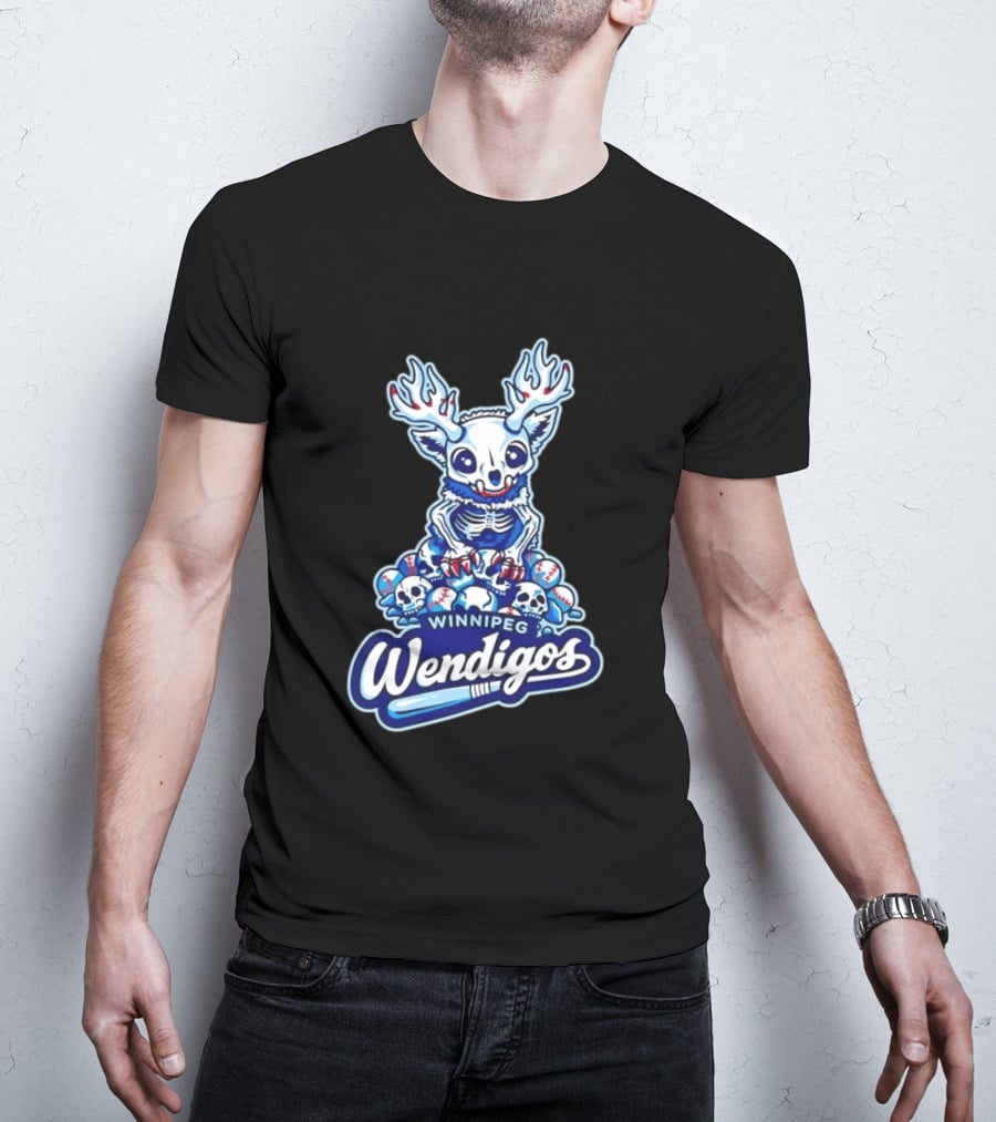 Winnipeg Wendigos Baseball Skull With Antlers And Blue Bats T-Shirt