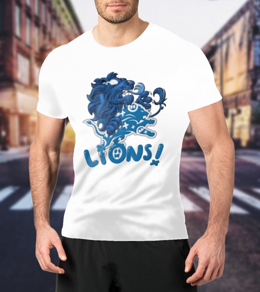 Detroit Lions Blue Lion Roaring Mascot With Playful Lettering T-Shirt
