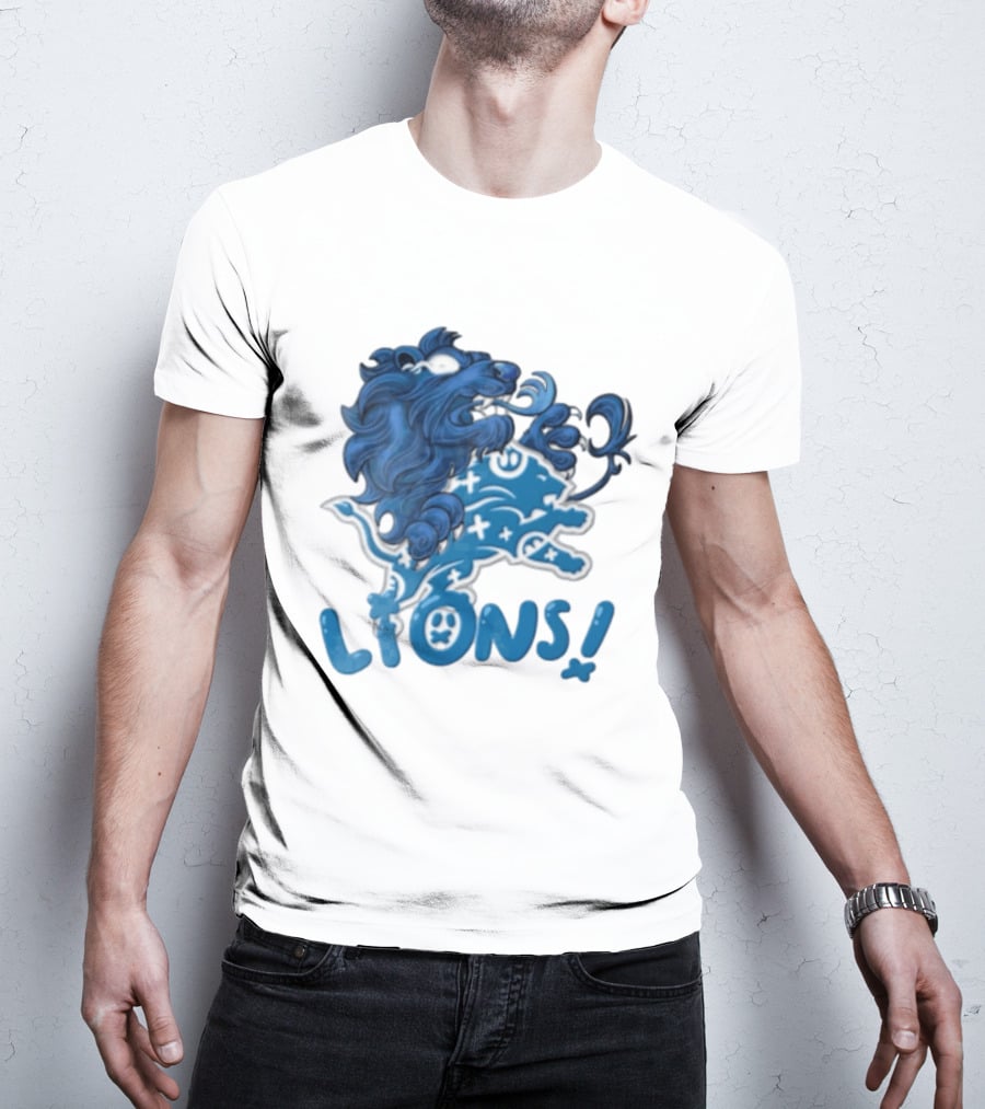 Detroit Lions Blue Lion Roaring Mascot With Playful Lettering T-Shirt