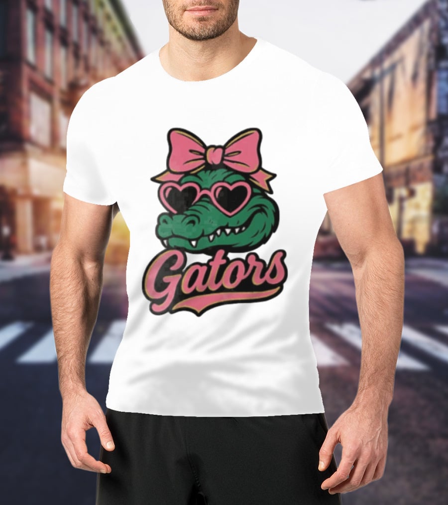 Florida Gators Green Alligator Pink Bow Heart Sunglasses T-Shirt