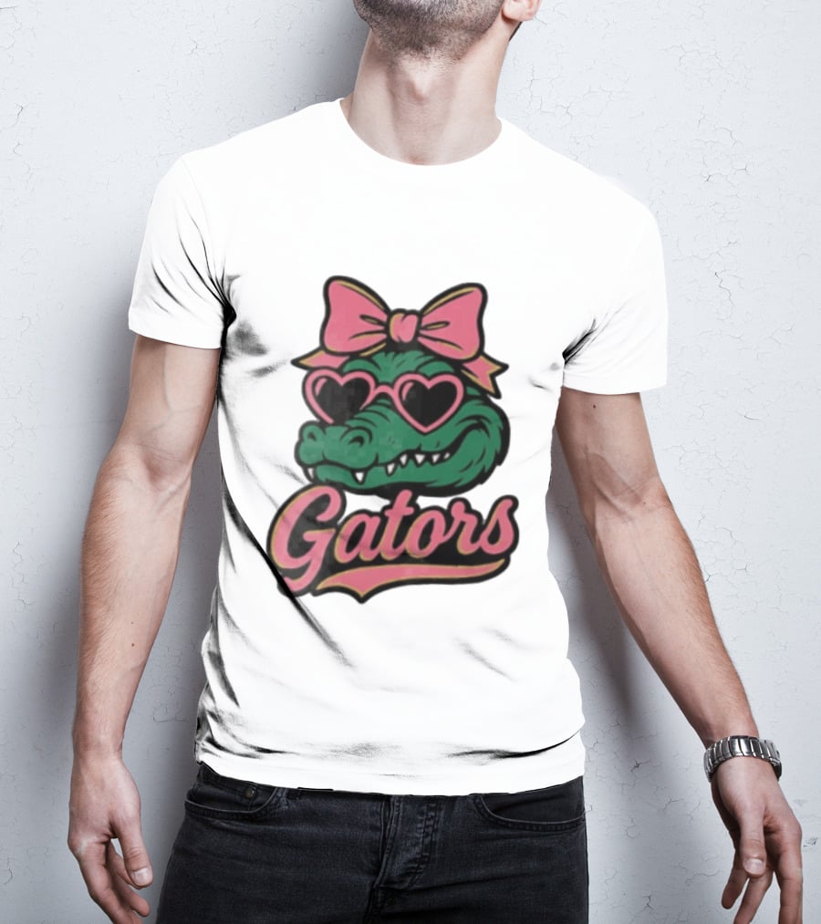 Florida Gators Green Alligator Pink Bow Heart Sunglasses T-Shirt
