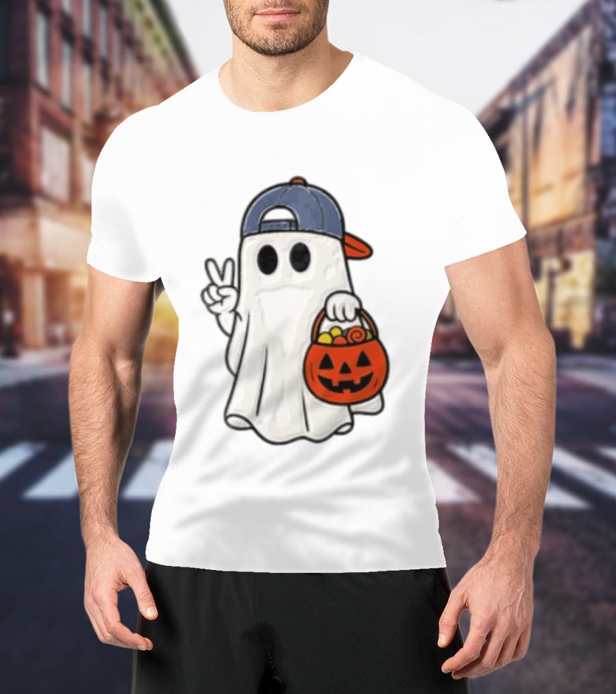 Ghost In Cap With Peace Sign Holding Pumpkin Bucket Halloween T-Shirt