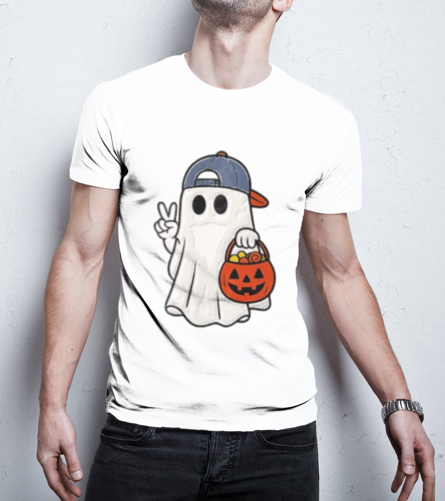 Ghost In Cap With Peace Sign Holding Pumpkin Bucket Halloween T-Shirt