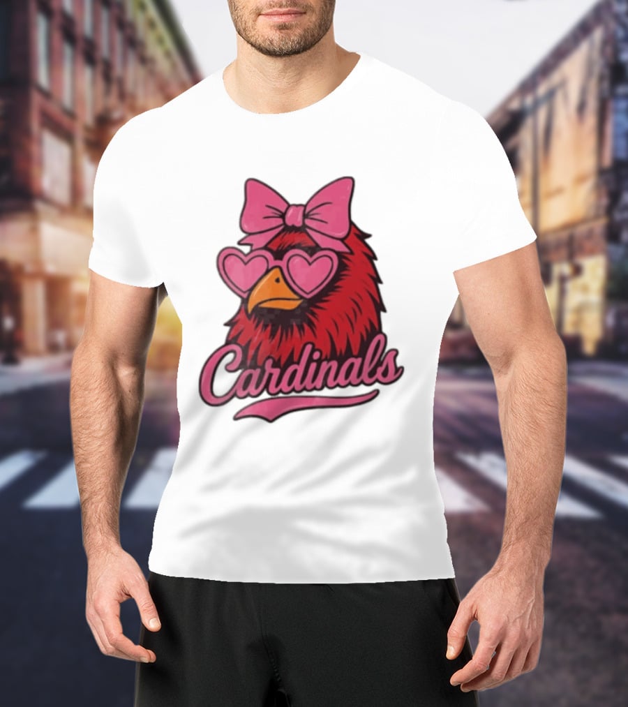 St Louis Cardinals Red Bird Pink Bow Heart Glasses T-Shirt