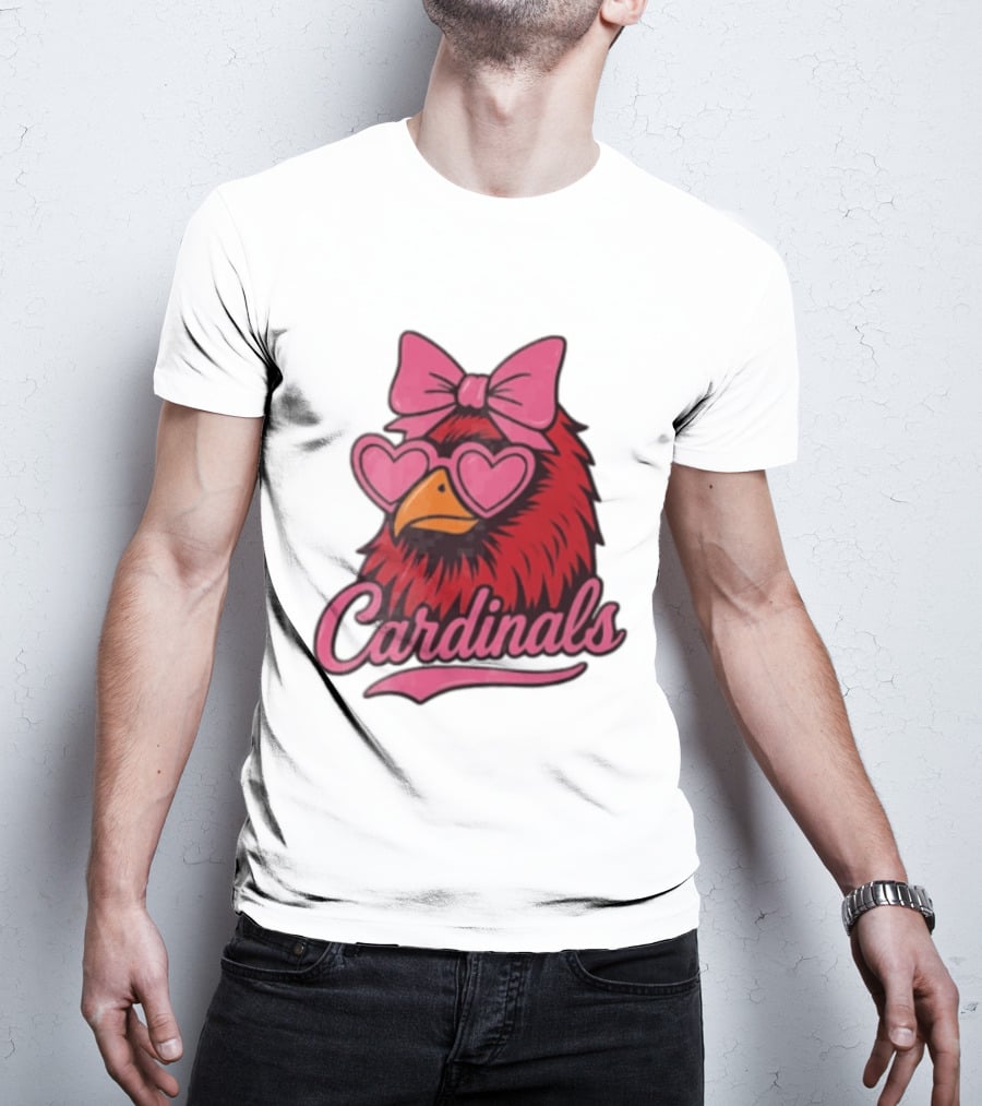 St Louis Cardinals Red Bird Pink Bow Heart Glasses T-Shirt