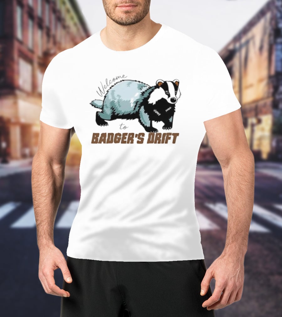 Welcome To Badger's Drift Cartoon Badger Walking Black And White Fur T-Shirt