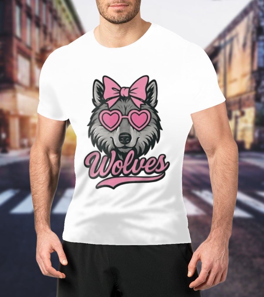 Wolves Wolf Pink Heart Glasses Bow T-Shirt