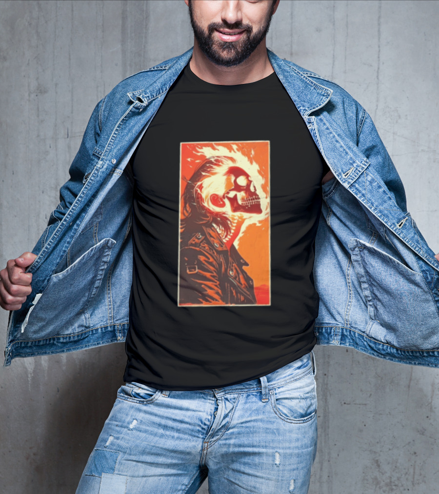 Burnout Flaming Skull Leather Jacket Man Fiery T-Shirt