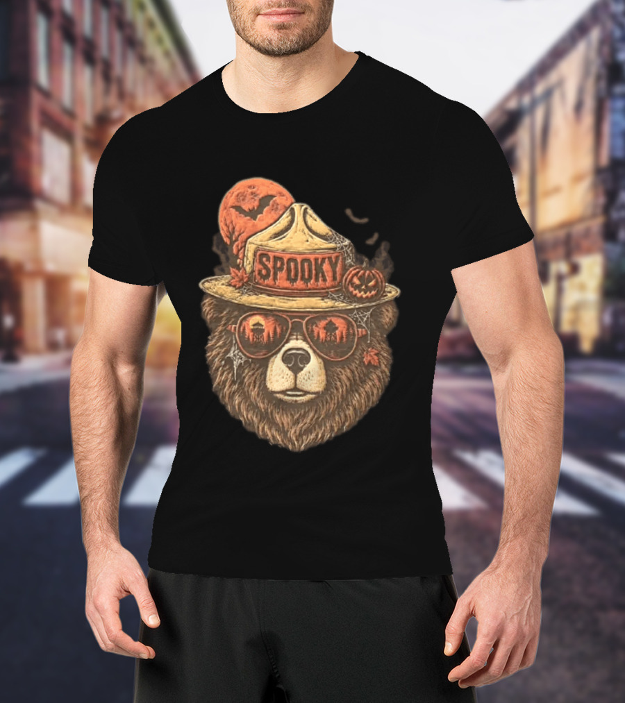 Smokey Bear Spooky Halloween Fire Lookout Forest Ranger Pumpkin Bats T-Shirt