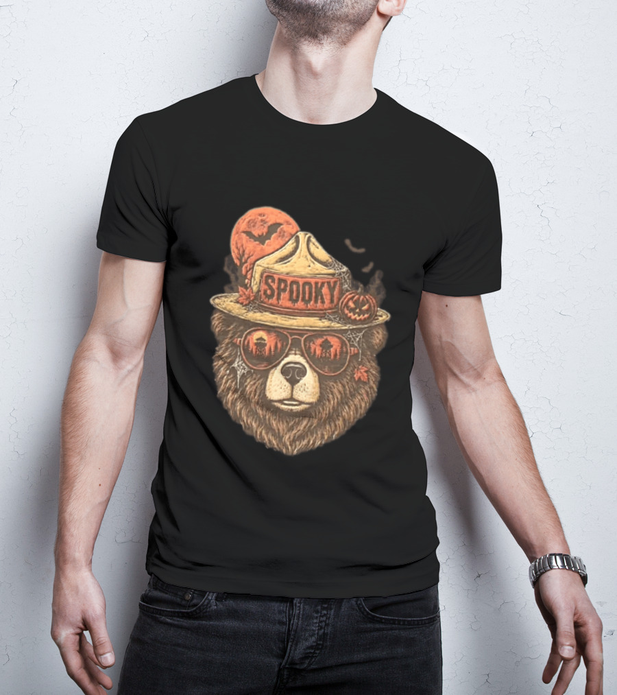 Smokey Bear Spooky Halloween Fire Lookout Forest Ranger Pumpkin Bats T-Shirt