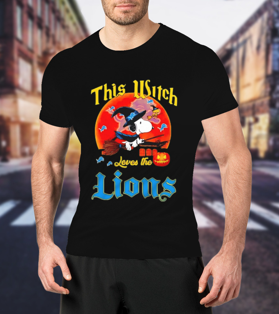 Snoopy This Witch Loves The Lions Halloween Pumpkin Broom Peanuts T-Shirt