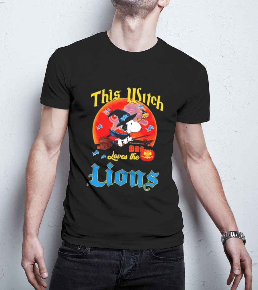 Snoopy This Witch Loves The Lions Halloween Pumpkin Broom Peanuts T-Shirt