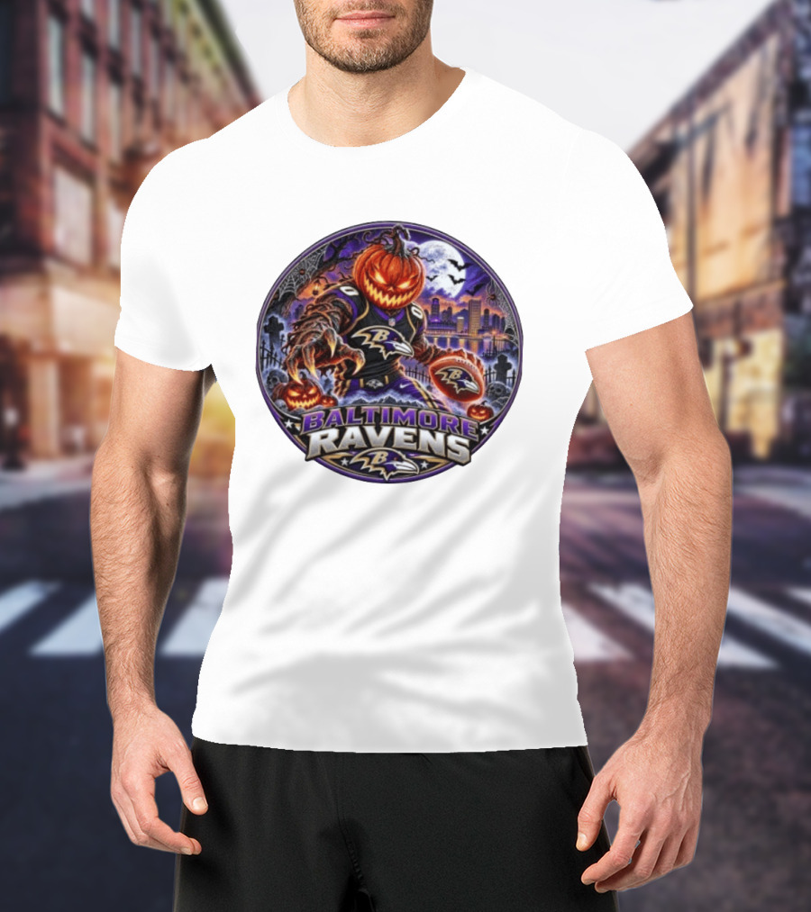 Baltimore Ravens Jack O' Lantern Halloween Football Spooky Night Ravens Stadium Skyline T-Shirt