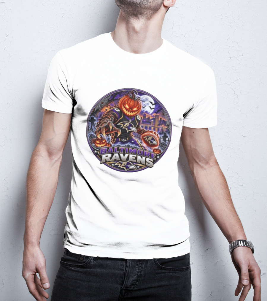 Baltimore Ravens Jack O' Lantern Halloween Football Spooky Night Ravens Stadium Skyline T-Shirt