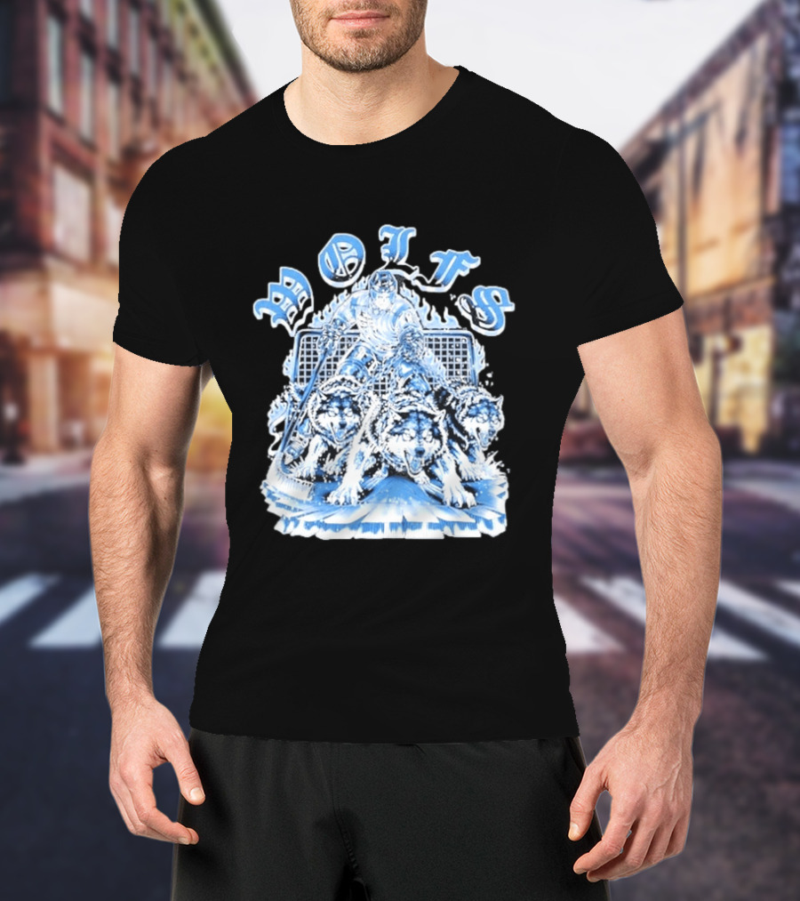 Motifs Wolf Hockey Skeleton Goalie With Three Wolves T-Shirt