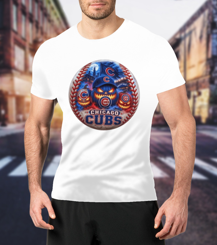 Chicago Cubs Wrigley Field Halloween Jack O' Lantern Baseball T-Shirt