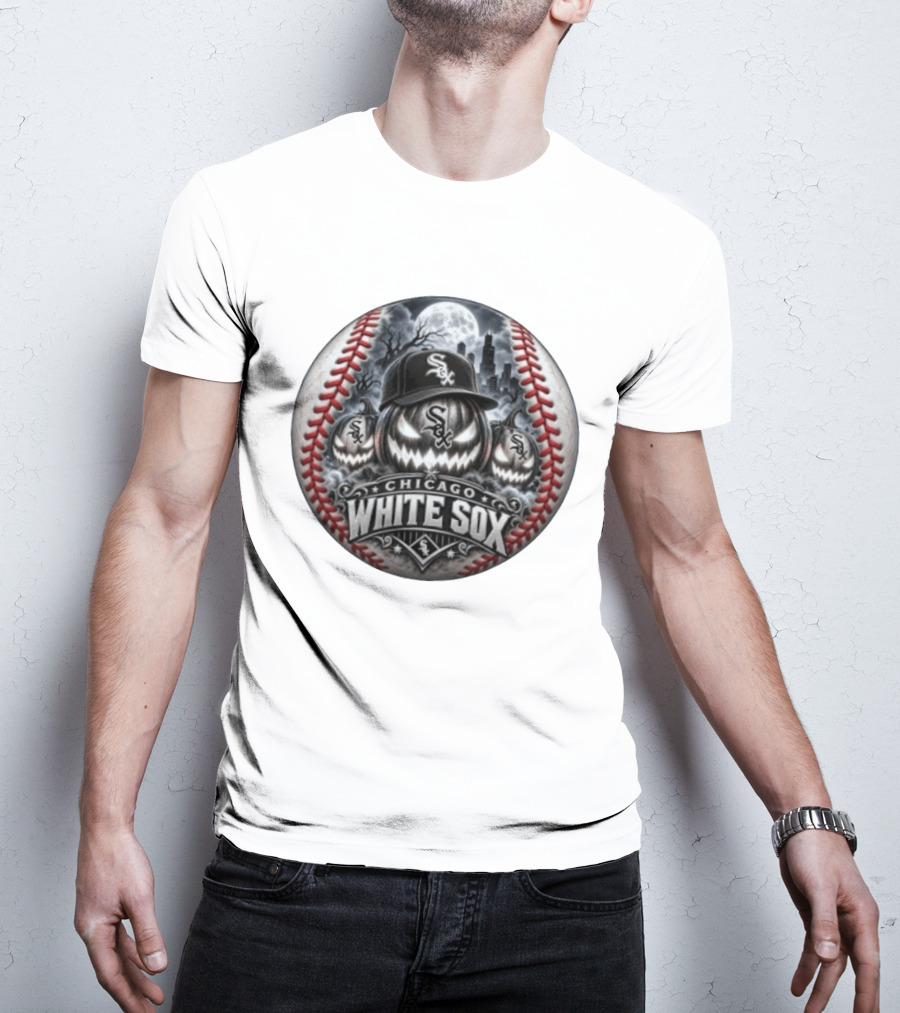 Chicago White Sox Halloween Jack O' Lantern Moonlit City Skyline Baseball T-Shirt