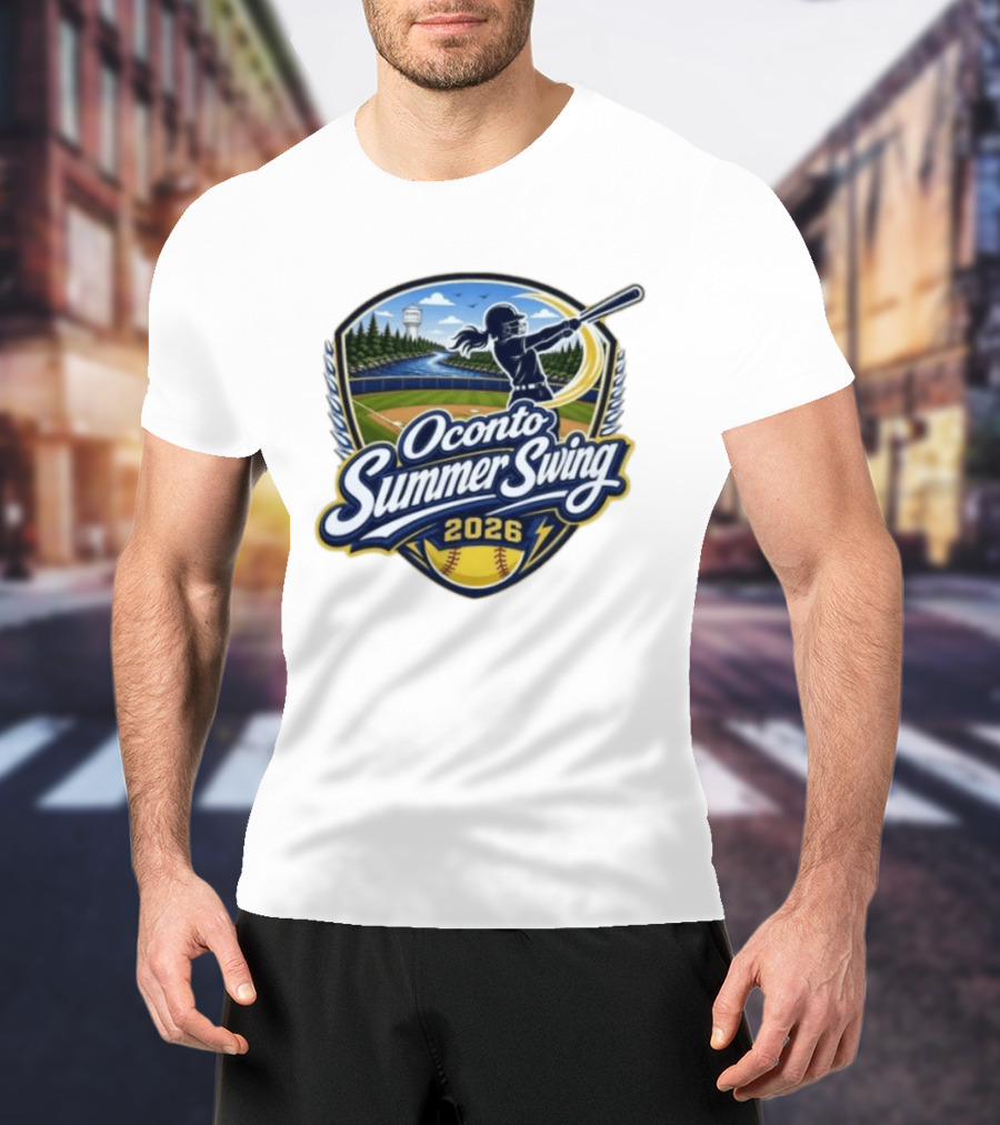 Oconto Summer Swing 2026 Baseball Event With Batter And Scenic Field T-Shirt