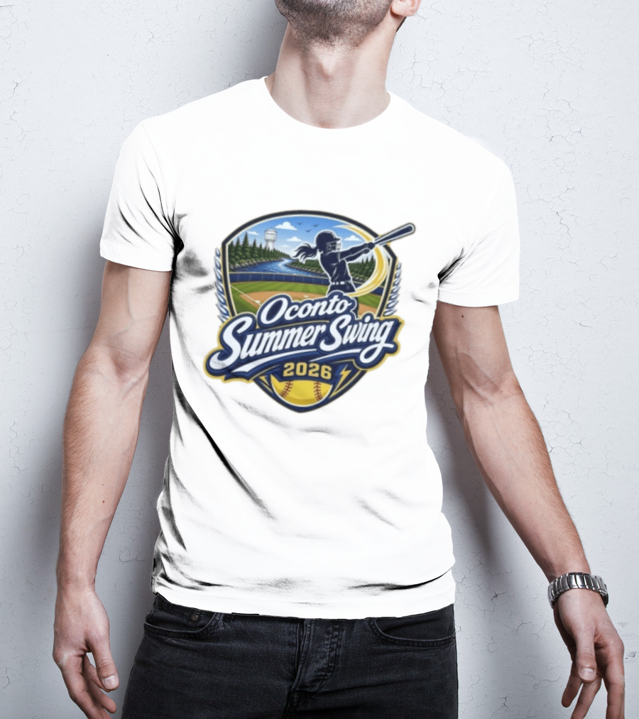 Oconto Summer Swing 2026 Baseball Event With Batter And Scenic Field T-Shirt