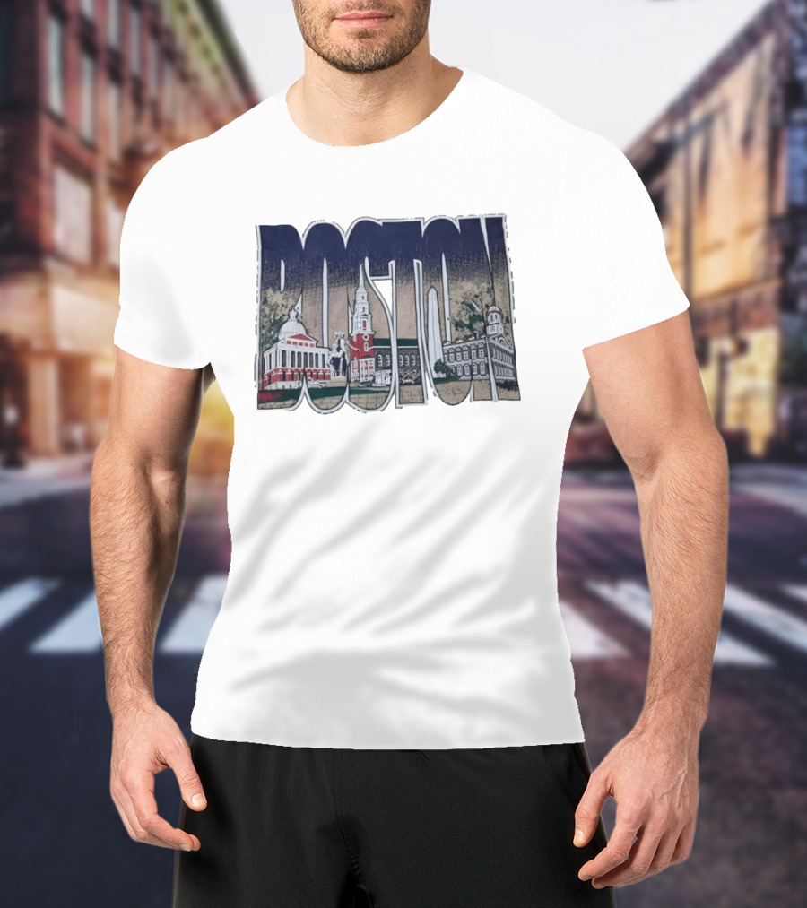 Boston City Skyline Landmark Historic Buildings Distressed T-Shirt
