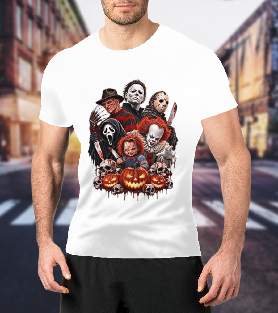 Freddy Krueger Michael Myers Jason Voorhees Ghostface Pennywise Chucky Horror Characters With Skull And Pumpkin Display T-Shirt