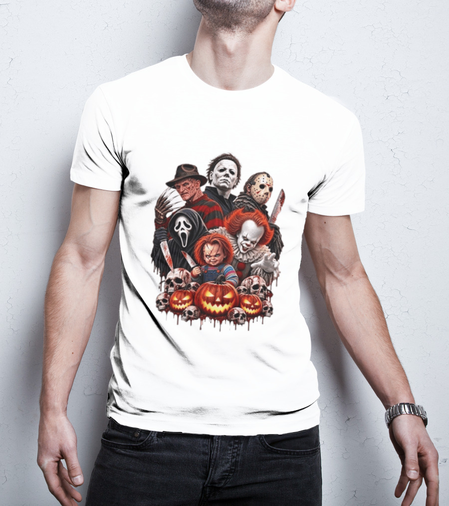 Freddy Krueger Michael Myers Jason Voorhees Ghostface Pennywise Chucky Horror Characters With Skull And Pumpkin Display T-Shirt