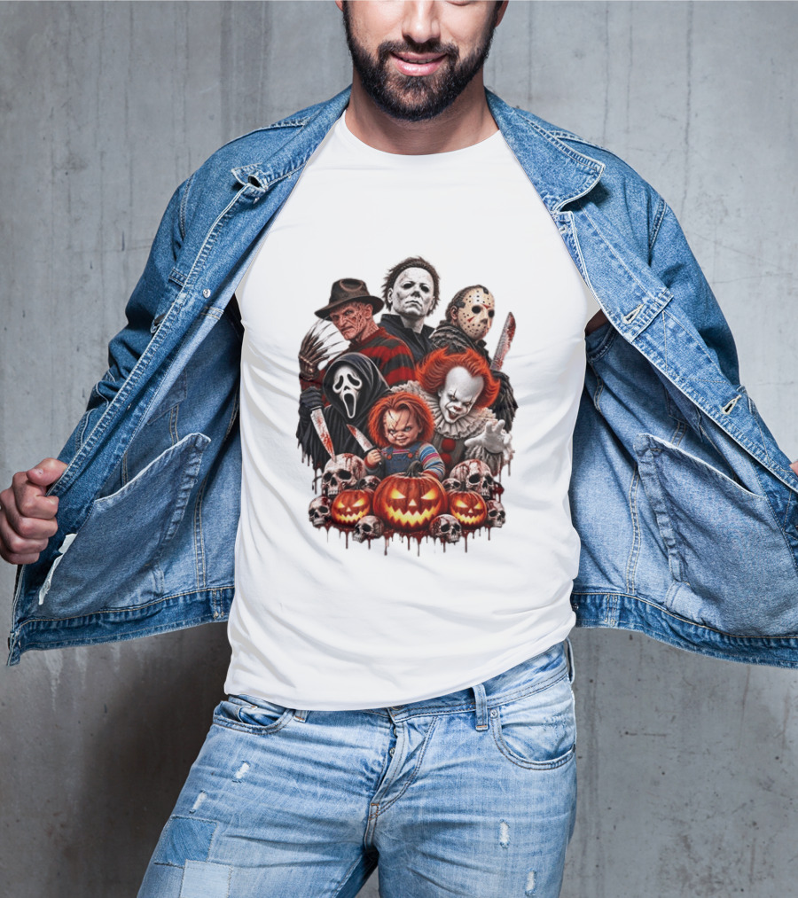 Freddy Krueger Michael Myers Jason Voorhees Ghostface Pennywise Chucky Horror Characters With Skull And Pumpkin Display T-Shirt