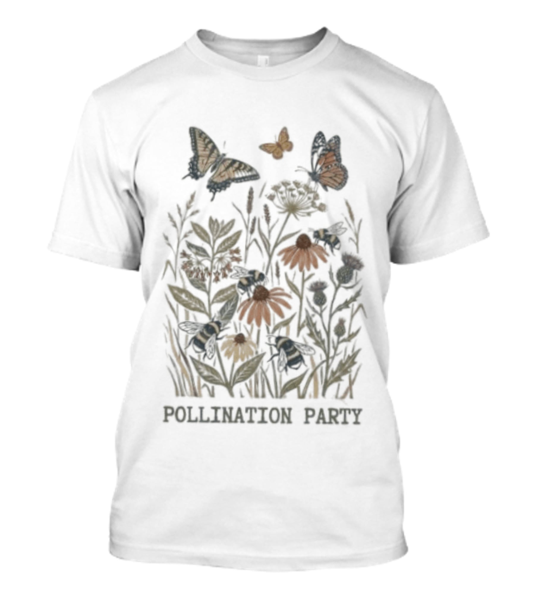 Pollination Party Butterflies And Bees In Nature Garden T-Shirt