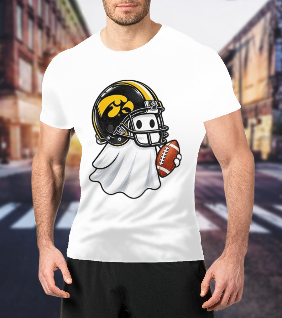 Iowa Hawkeyes Football Ghost Halloween Holding Football T-Shirt